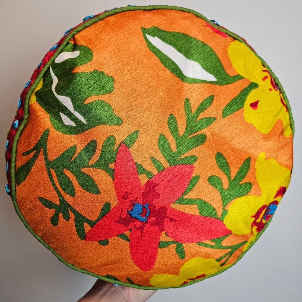 Pier 1 Imports Floral Round Throw Pillow 13" Orange Red Colorful Boho Maximalist - Picture 4 of 8